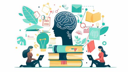 Conceptual illustration of knowledge and learning with a silhouette of a human head, books, and digital elements.