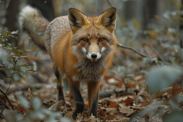 Fototapeta premium A fox whose fur swirls with autumn leaves and dirt, blending into the forest floor as it trots through the underbrush,