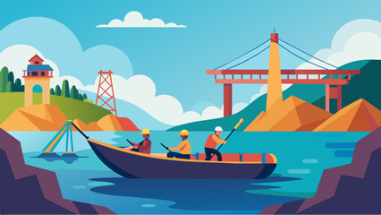 In the distance a team of workers ride in a small boat to transport equipment and materials to the construction site of a bridge over a remote river.. Vector illustration