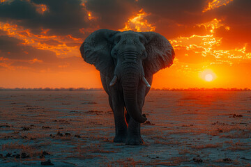 A mighty elephant, its skin textured like cracked earth, standing majestically in a dusty savannah at sunset,