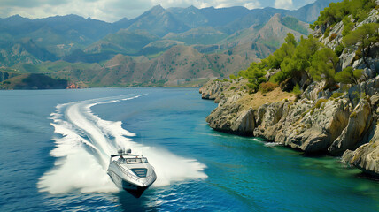 Speedboat cruising in mountain lake. A speedboat cruising on a serene lake with mountainous and...