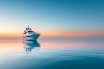 Obraz premium Luxury yacht serenely floats on the tranquil, mirror-like waters at sunrise, under a gradient sky