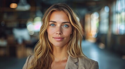 Obraz premium Woman With Long Blonde Hair and Blue Eyes