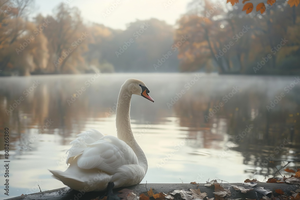 Poster a creature that blends the elegance of a swan with the serenity of a white rabbit, resting by a tran