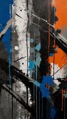 A painting with splatters of blue, black, and orange