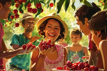 Vibrant scene of friends and family joyfully gathering cherries under the summer sun, filled with laughter and warmth