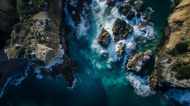 aerial view rocky coastline body deep blue penguin turbulent lenses south african coast mexico nature