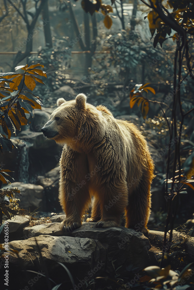 Poster a beast with the torso of a bear and the tail of a peacock, its tail feathers spread majestically in