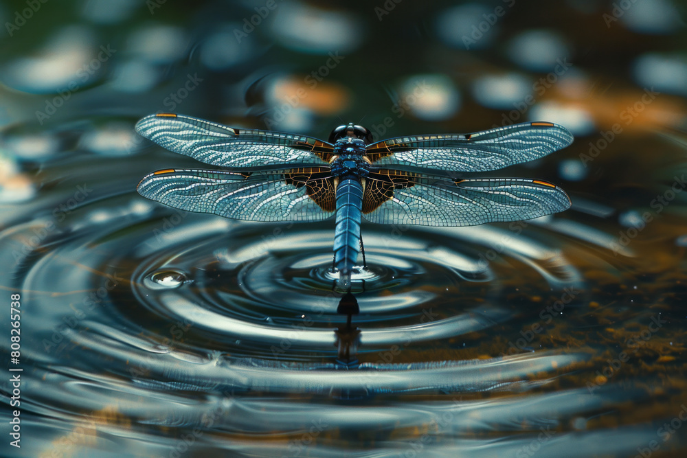 Poster a dragonfly hovering over a pond, its wings shimmering and transforming into ripples on the water su