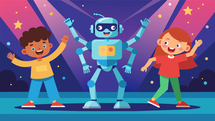 Against a backdrop of bright colors and flashing lights a group of kids showcase their robots impressive dance routine a result of their programming. Vector illustration