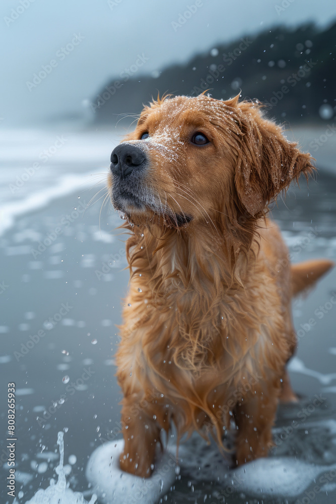 Poster a dog on a beach whose fur transforms into sand as it shakes off water, blending seamlessly with the