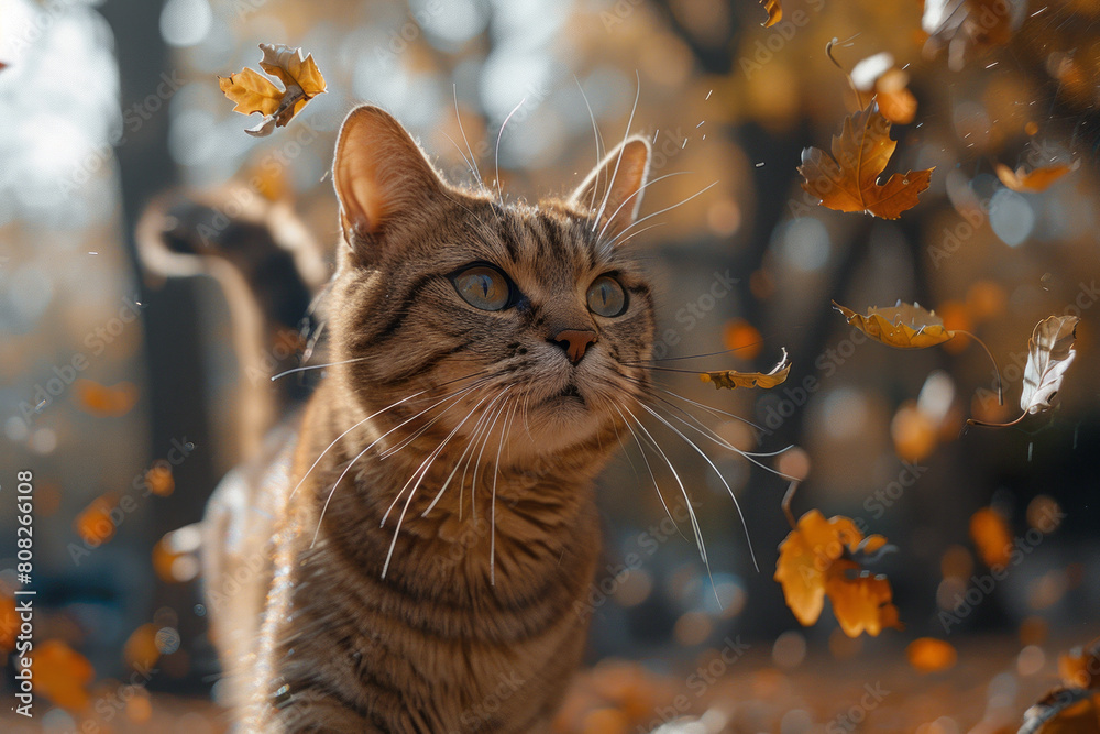 Poster a cat whose fur ripples and transforms into swirling autumn leaves as it walks through a park,