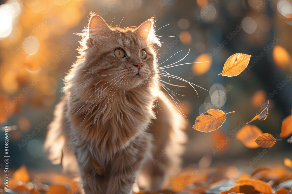 Poster a cat whose fur ripples and transforms into swirling autumn leaves as it walks through a park,