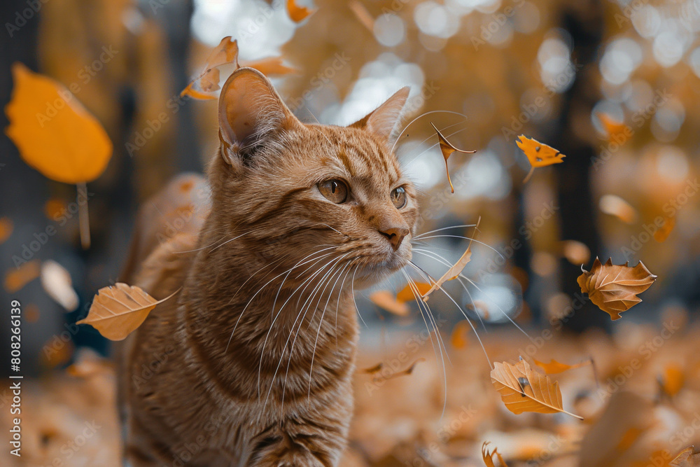 Poster a cat whose fur ripples and transforms into swirling autumn leaves as it walks through a park,