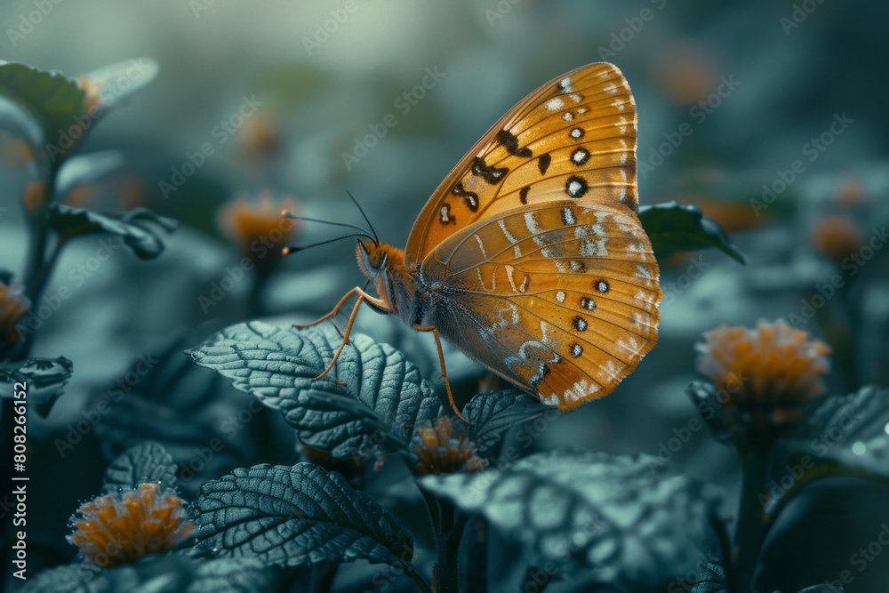 Aufkleber a butterfly with wings that slowly morph into delicate leaves, blending into a forest background,
