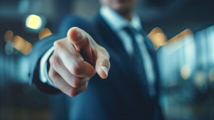 Businessman pointing finger forward. Close-up of a businessman in a suit pointing his finger forward, focus on the hand, with a blurred office background. AI generative..