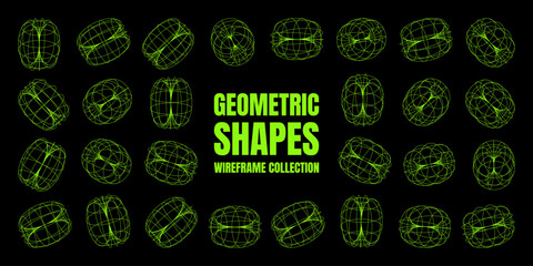 Wireframe lined shapes. Perspective mesh, 3d grid. Low poly geometric elements. Retro futuristic design elements, y2k, vaporwave and synthwave style. Vector illustration