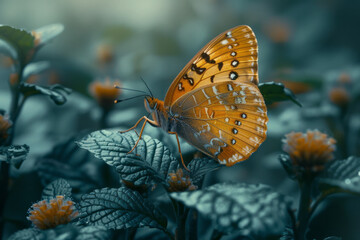A butterfly with wings that slowly morph into delicate leaves, blending into a forest background,