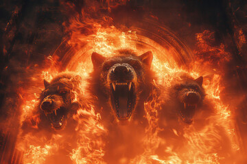 A cerberus with three heads, each a different shade of deep, glowing embers, guarding the gates of a spectral underworld,