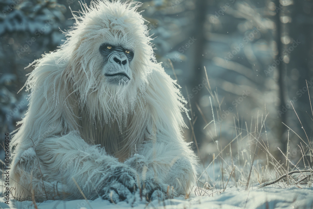 Poster a yeti with fur that appears as soft, drifting snowflakes, each unique and sparkling under the winte