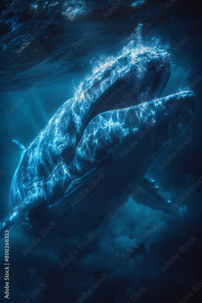 Poster A leviathan deep in the ocean, its scales holographic and its form undulating like waves, blending into the sea,