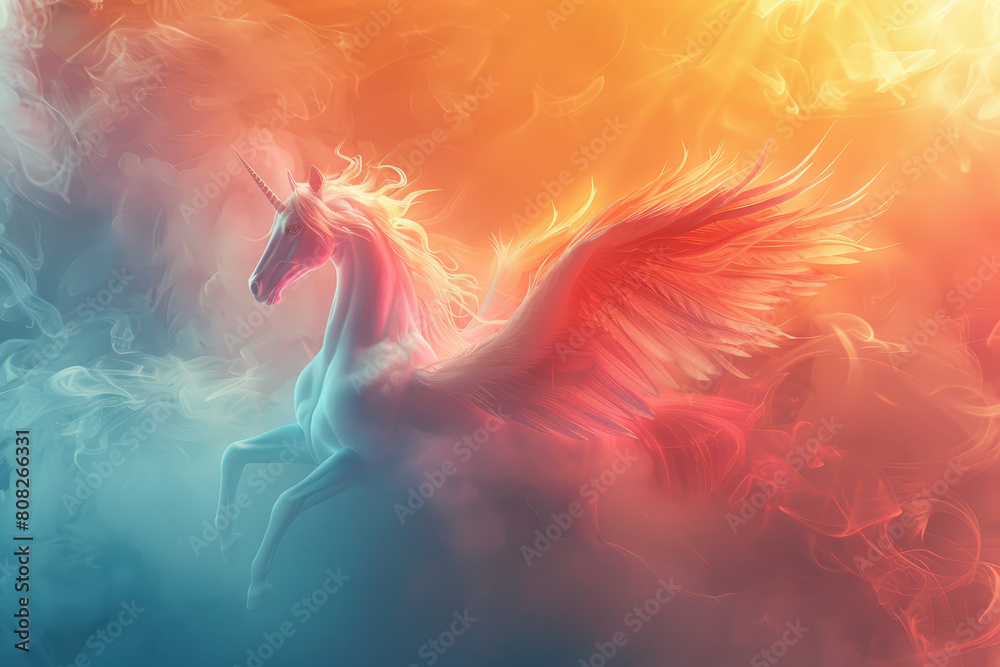 Poster a pegasus with wings that flutter in a blur of soft watercolor strokes, leaving a trail of colored m