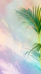 Palm leaf casting intricate shadows on colorful backdrop. Concept of nature, light effects. Bright wallpaper. Mockup for design. Copy space. Vertical.