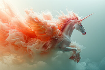 A pegasus with wings that flutter in a blur of soft watercolor strokes, leaving a trail of colored mist in the sky,