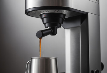 A sleek, stainless steel coffee maker machine. Kitchen appliance.