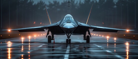 fighter jet runway night fog lights focus stealth amazing inspiring splashes lightning behind mechanical cute bird