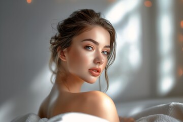 woman laying bed white blanket portrait streaming studio avatar skin