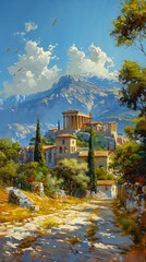 view greek temple mountain background rich vines verdant flowers cover usa talented outdoors ruined laurel wreath