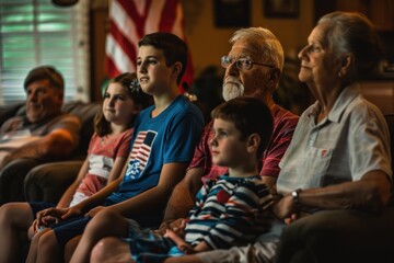 A multi-generational family attentively watching TV in a room with an American flag. 4th of July, american independence day, happy independence day of america , memorial day concept