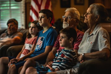 Fototapeta premium A multi-generational family attentively watching TV in a room with an American flag. 4th of July, american independence day, happy independence day of america , memorial day concept