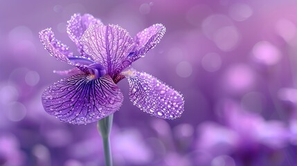   A zoom-in of a vivid purple bloom adorned with dew-kissed petals against a fuzzy backdrop