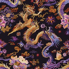 Obraz premium Chinese colorful embroidery, a purple Chinese dragon and a golden Chinese phoenix, with fine knitting, rich details, and ultimate realism 