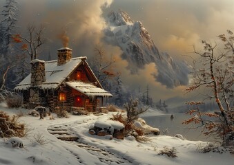 snowy scene cabin mountains lake oil dreamlike incredible blacksmith winter evokes delight holiday resort chimneys