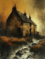 house field stream running black orange color palette gritty monochromatic dripping grey paint scottish yellow blacks roofs melting eerie misty alleyway flood