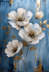 white flowers blue background gold leaves princess staples thick impasto paint tall drip oil metal