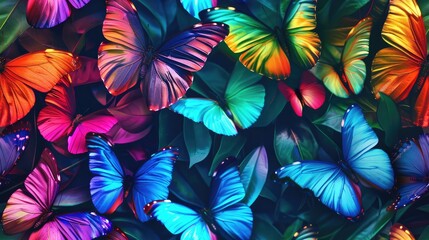 a vibrant rainbow of butterflies, each boasting unique colors and sizes, meticulously arranged to form an eye-catching pattern, evoking a sense of wonder and natural beauty. SEAMLESS PATTERN
