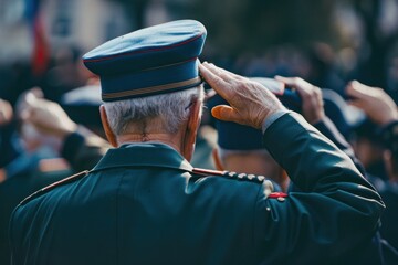 Elderly Caucasian veteran saluting during a parade, wearing a traditional military uniform and cap, surrounded by other veterans. Solemn and respectful atmosphere. memorial day concept