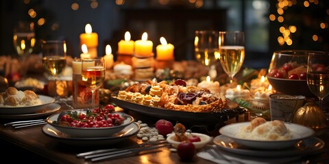 Table with food and wine for christmas dinner. Selective focus.
