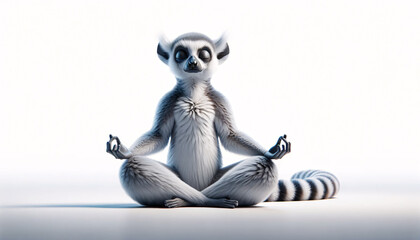 Naklejka premium Ilustration of a serene lemur in meditative pose against a pure white background, embodying tranquility and mindfulness.