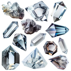Faceted crystals of various shapes. Isolated on white background