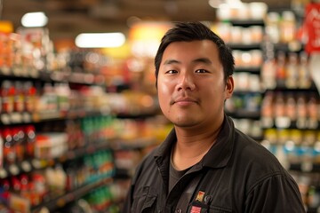 asian salesman employee in convenience store on bokeh style background