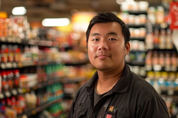 Naklejka premium asian salesman employee in convenience store on bokeh style background