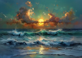 sunset ocean waves crashing sun shines sky spray