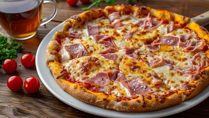 Ham and cheese pizza on white plate with tea and cherry tomatoes. Concept Food Photography, Pizza on Plate, Tea and Tomatoes, Appetizing Meal, Delicious Ham and Cheese