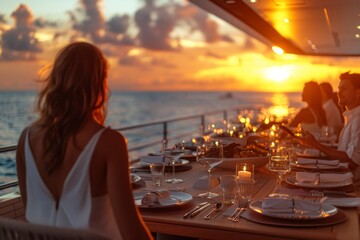 A woman in a white dress enjoys a sunset dinner on a yacht with guests, overlooking a breathtaking ocean view