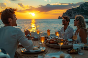 A group of friends is seen enjoying a luxurious dinner on a yacht with the sunset and reflections...
